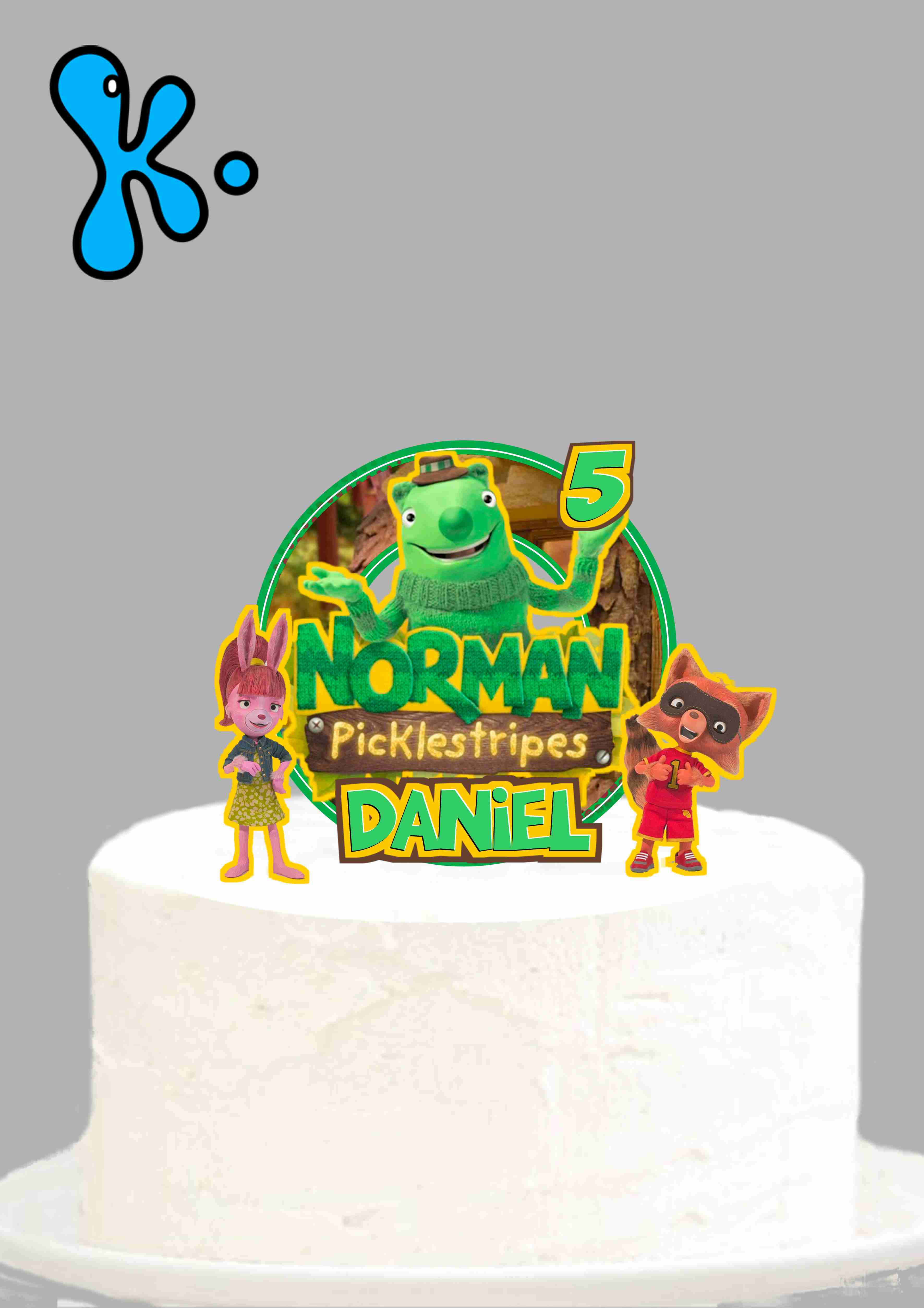 Topo de bolo Norman Picklestripes personalizado com nome e idade para festa infantil.