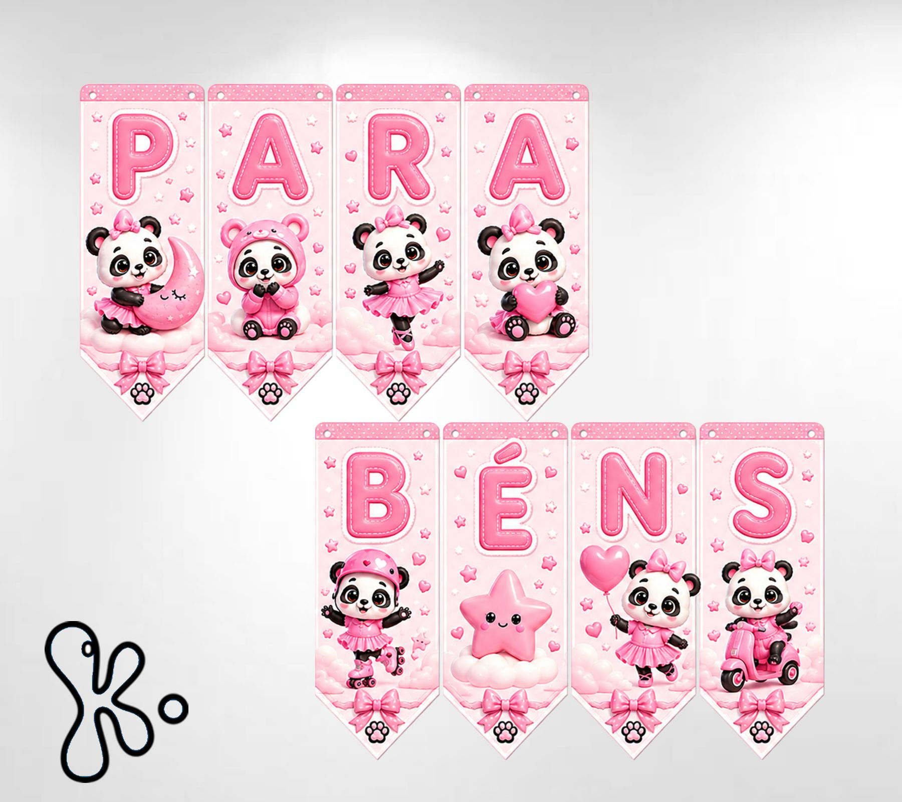 Bandeirolas Parabéns Pandinha Rosa 3D com ursinhas panda, corações, estrelas e nuvens em tons rosa