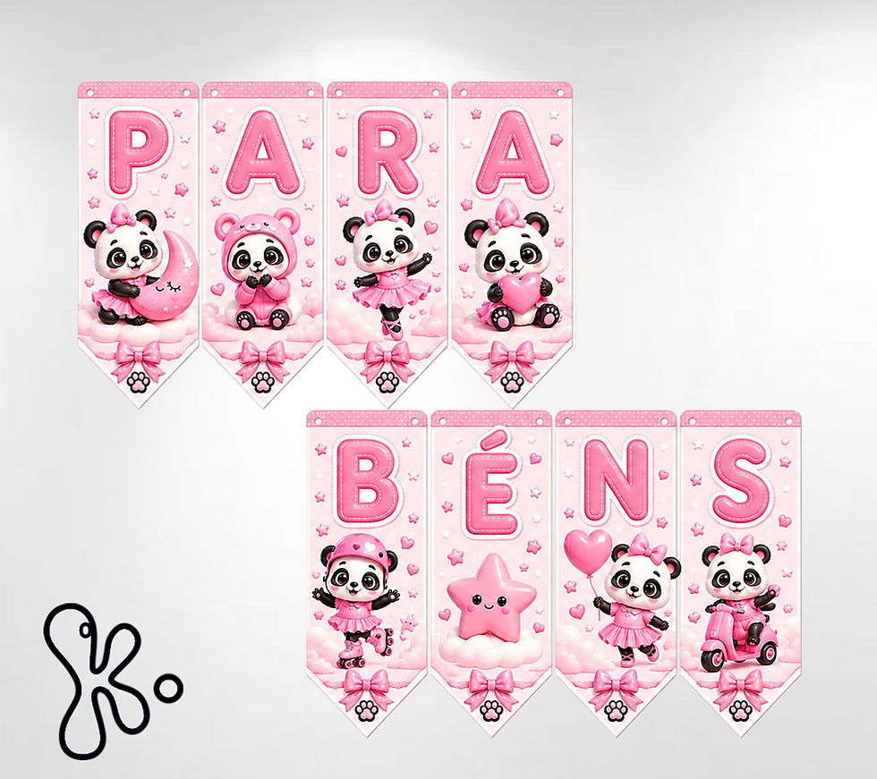 Bandeirolas Parabéns Pandinha Rosa 3D com ursinhas panda, corações, estrelas e nuvens em tons rosa