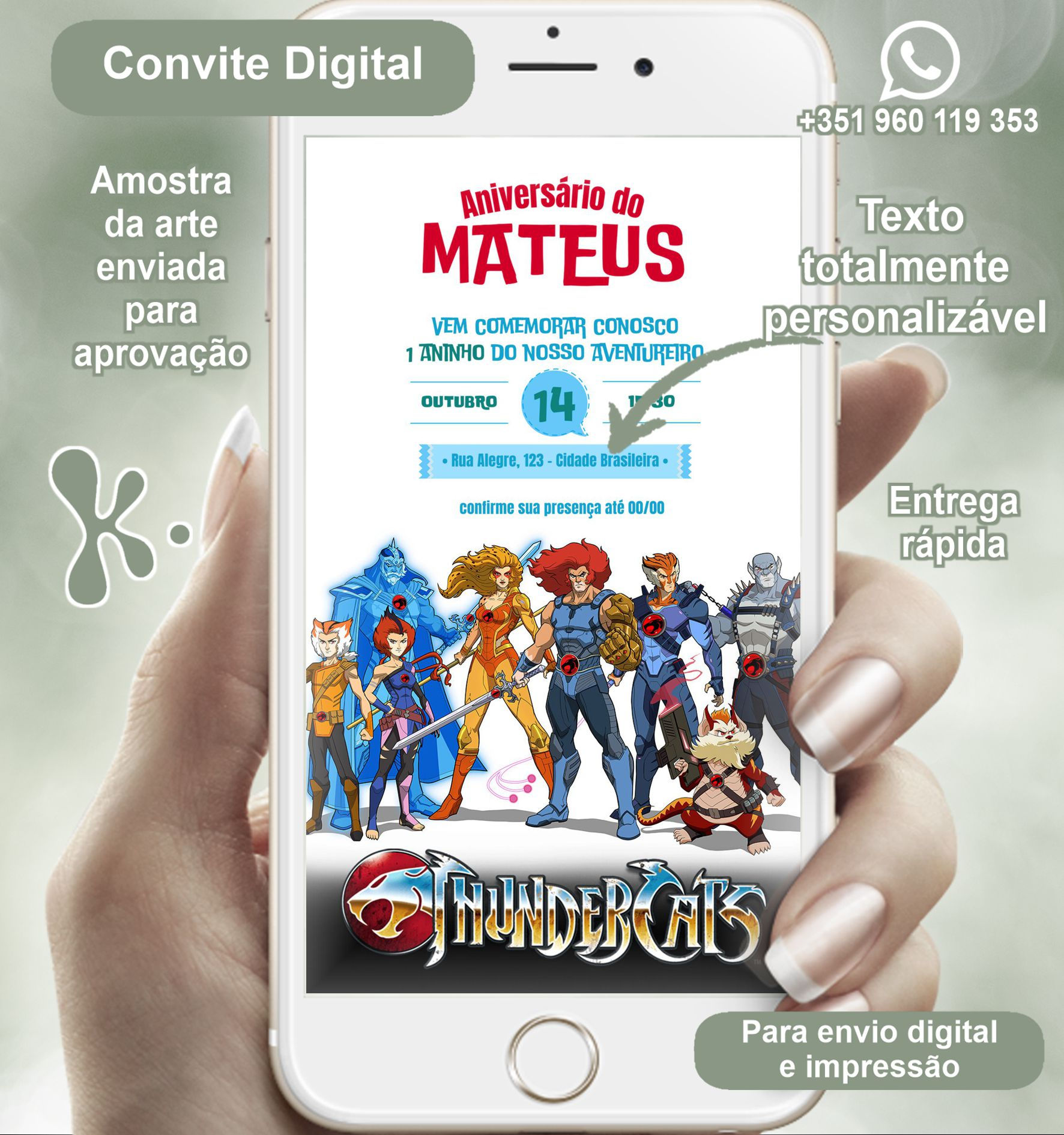 Convite digital com personagens Thundercats e fundo branco