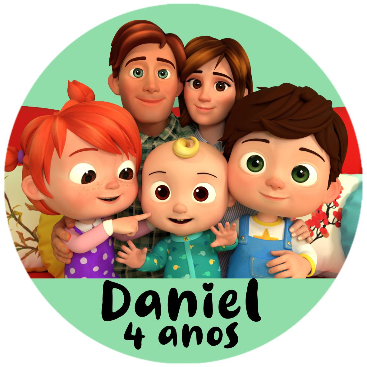 Autocolante Cocomelon com várias personagens infantis, nome Daniela e idade 4 anos, fundo azul e formato redondo.