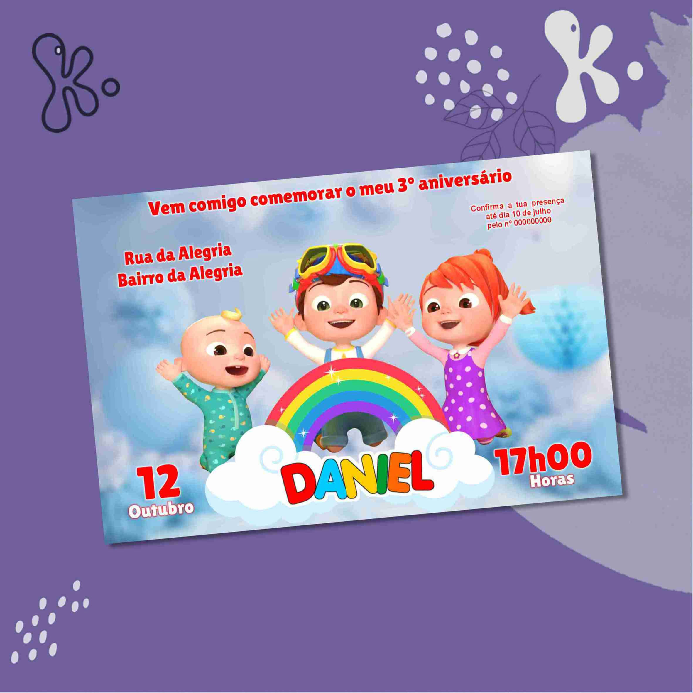Convite Digital Cocomelon com Arco-Íris – Personalizado para Festa Infantil