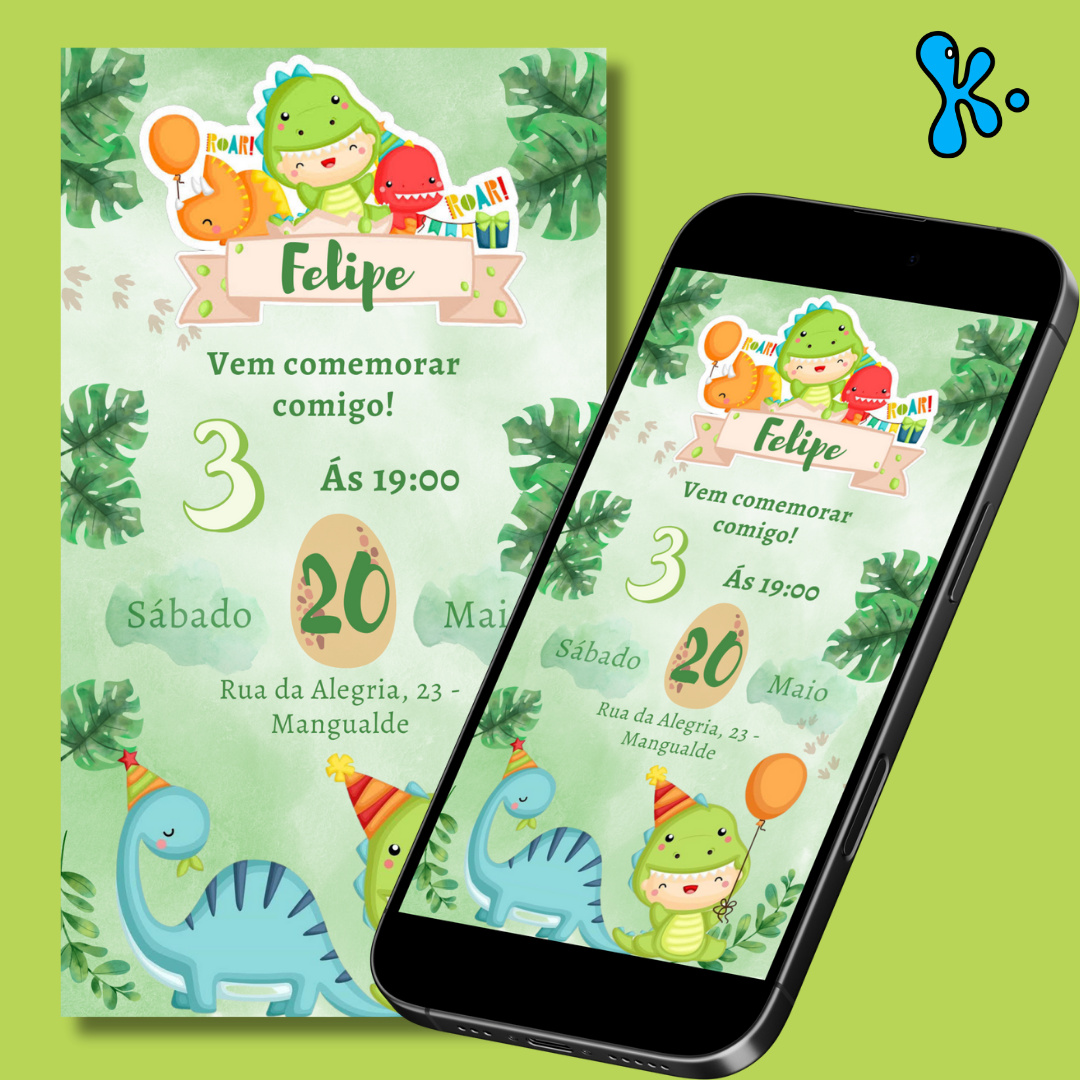 Convite Digital Dinossauros Tropical e Colorido para Festa Infantil