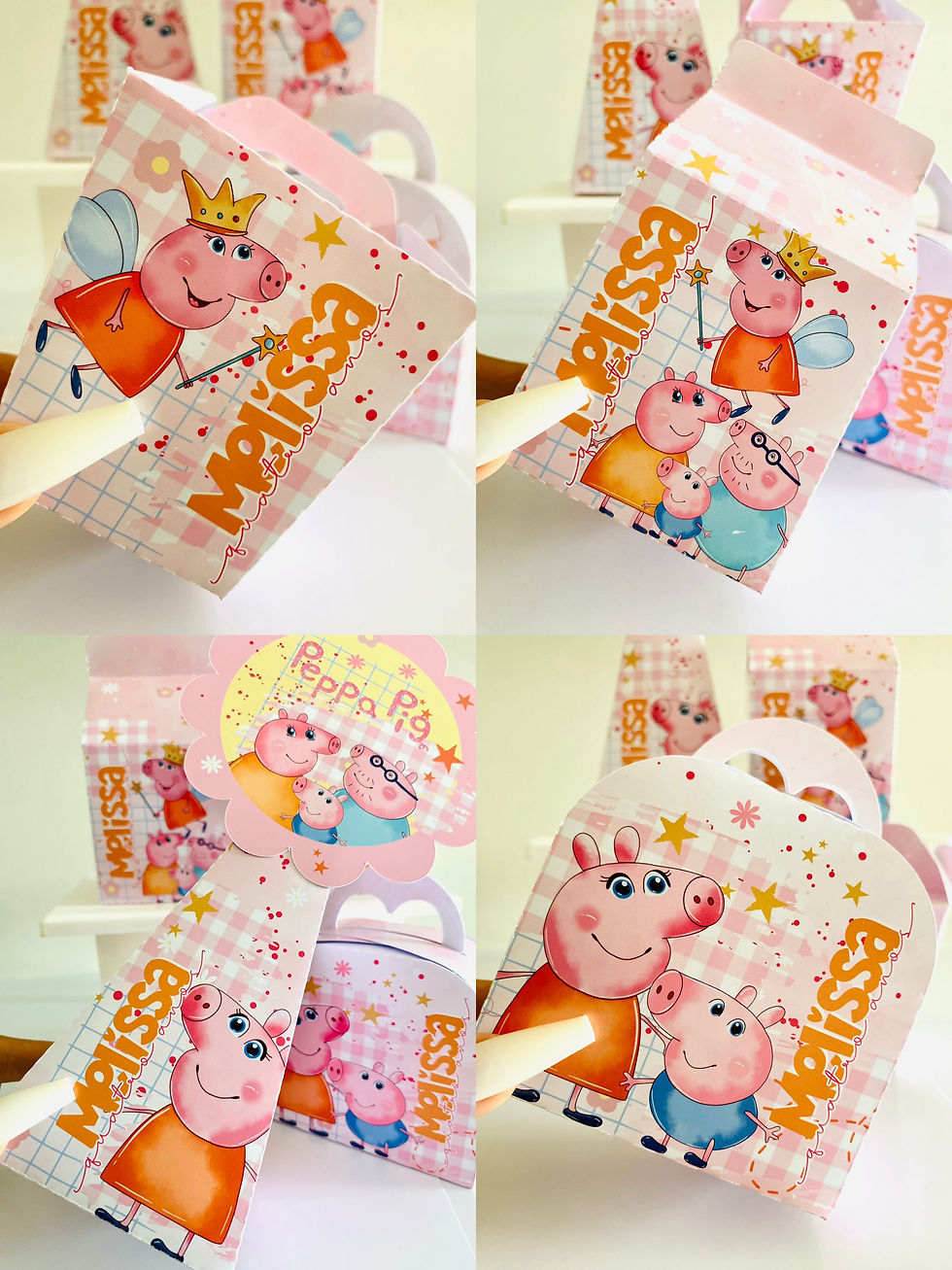 Quatro caixas Peppa Pig em rosa, com Peppa fada, George, família Pig, estrelas amarelas e topo de contorno rosa.