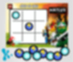 Jogo do Galo Personalizado LEGO Ninjago em amarelo, laranja, verde e branco, com personagens ninjas, nome Mateus e peças redo