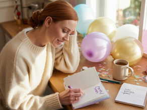 Mãe sorridente a organizar uma festa de aniversário infantil numa mesa com decorações, balões e uma lista de tarefas. O ambiente é calmo, bem iluminado e acolhedor, transmitindo tranquilidade durante os preparativos.