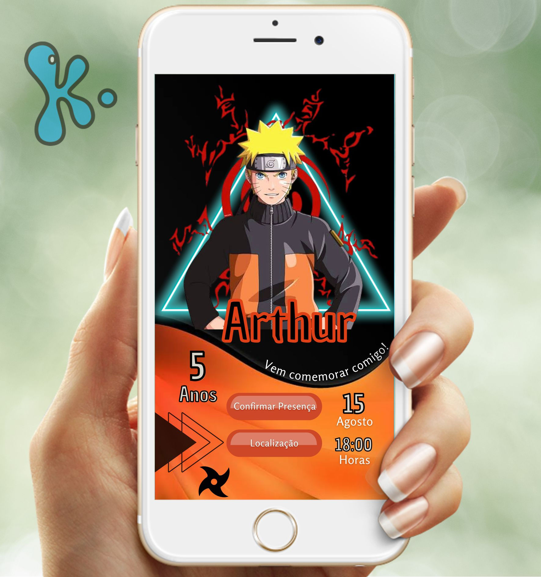 Convite Interativo Naruto com arte personalizada, tema ninja e links clicáveis