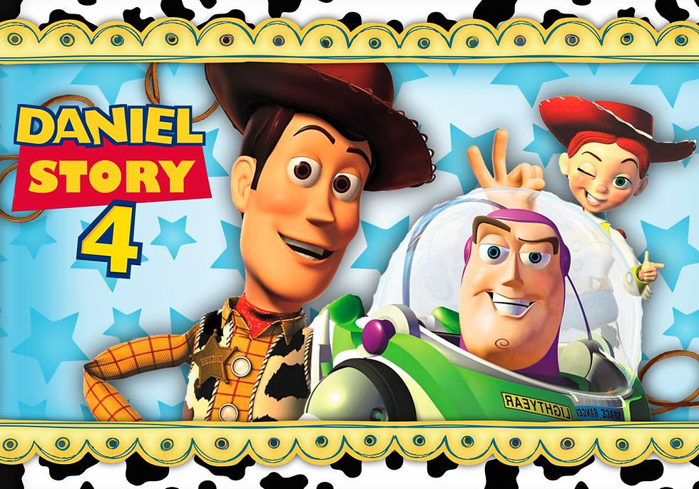 Cartaz infantil Toy Story com Woody e Buzz Lightyear em destaque, moldura decorativa e personalização com nome da criança