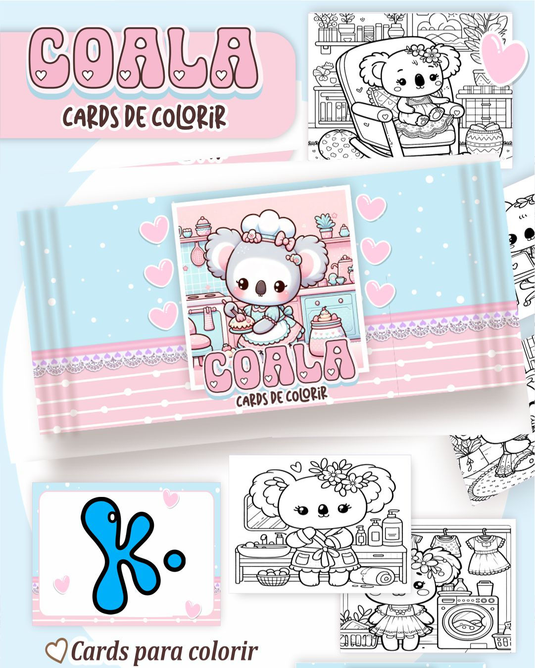 Cards para colorir com coala kawaii em cenas do dia a dia como cozinha, banho e lavandaria