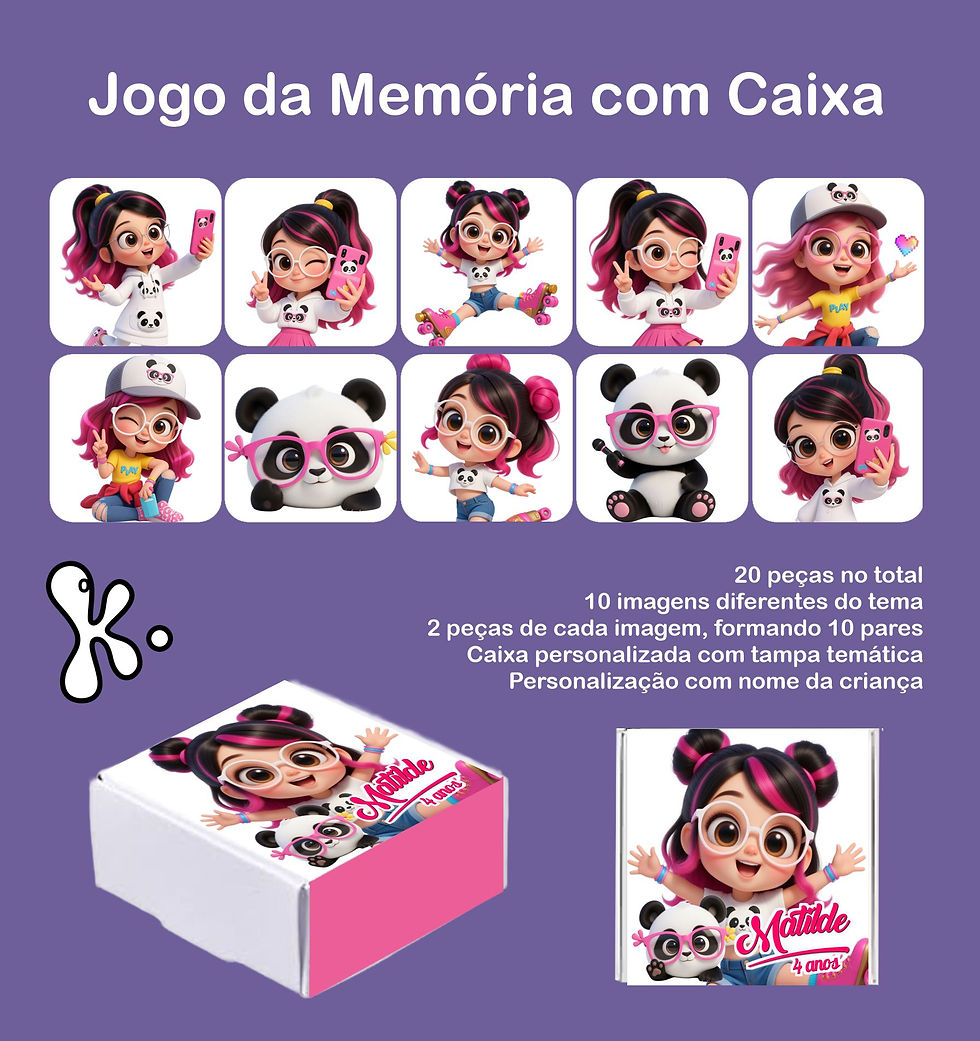 Jogo da memória com caixa Luluca personalizado com 20 peças, tema rosa e panda.