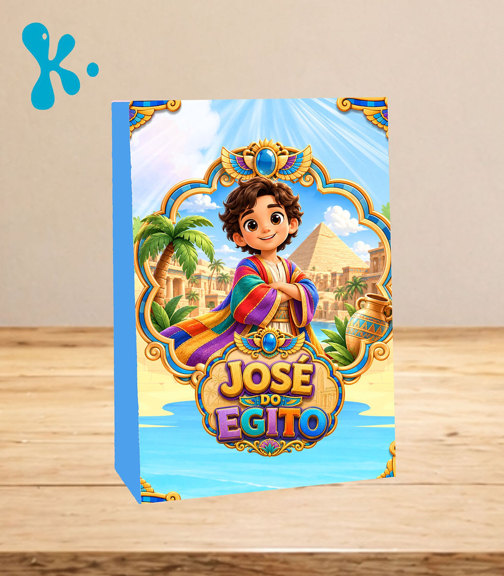 Saco lembrança personalizado José do Egito com túnica colorida, pirâmide e cenário egípcio.