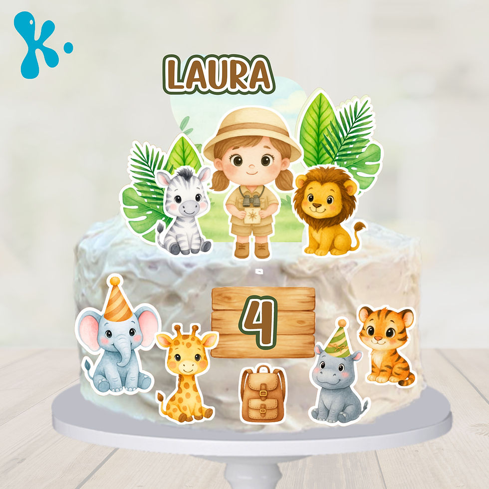 Topo de bolo Safari Menina personalizado com exploradora, leão, zebra, elefante, girafa, hipopótamo e tigre.