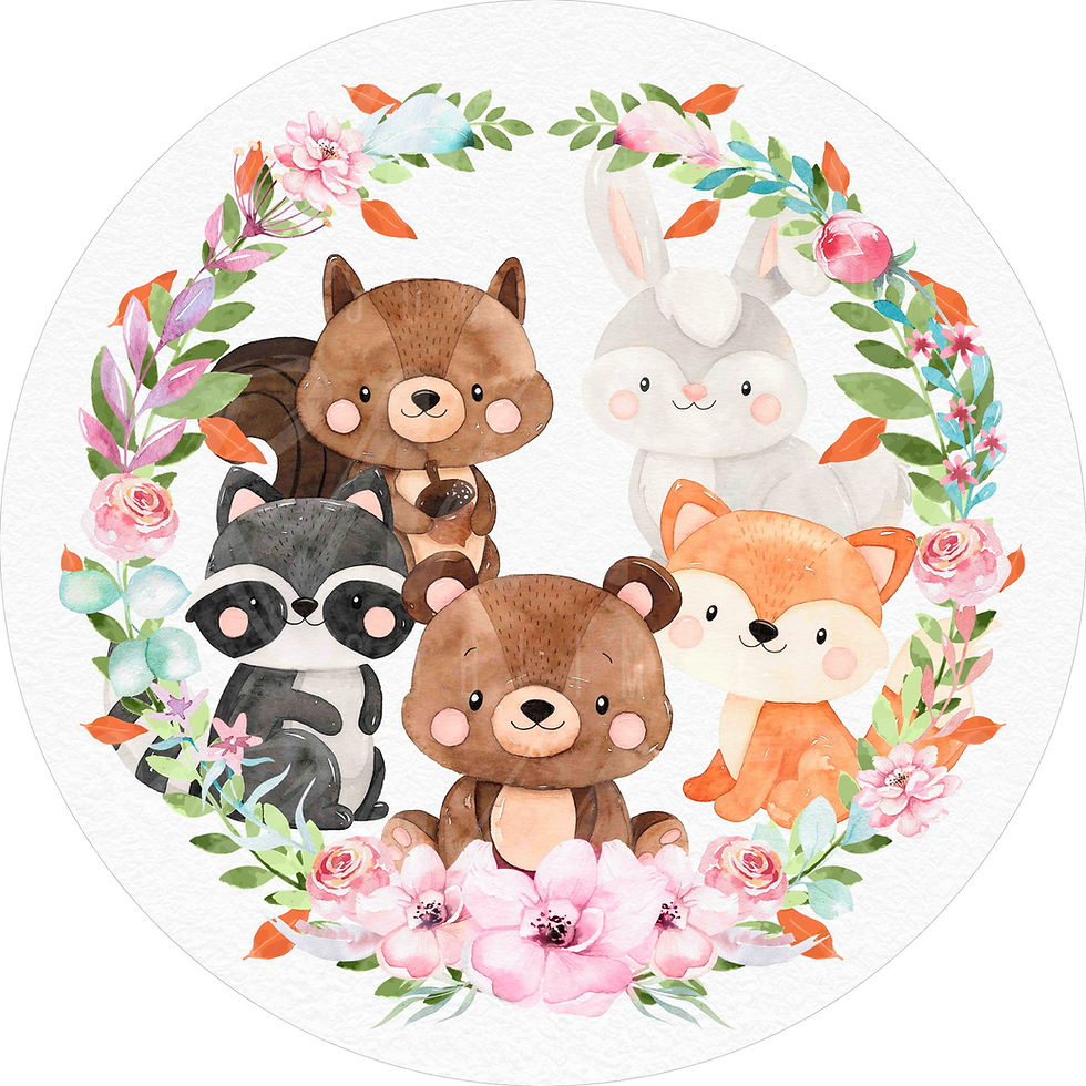 Painel redondo infantil com animais do bosque, flores em tons pastel, estilo delicado e composição alegre.