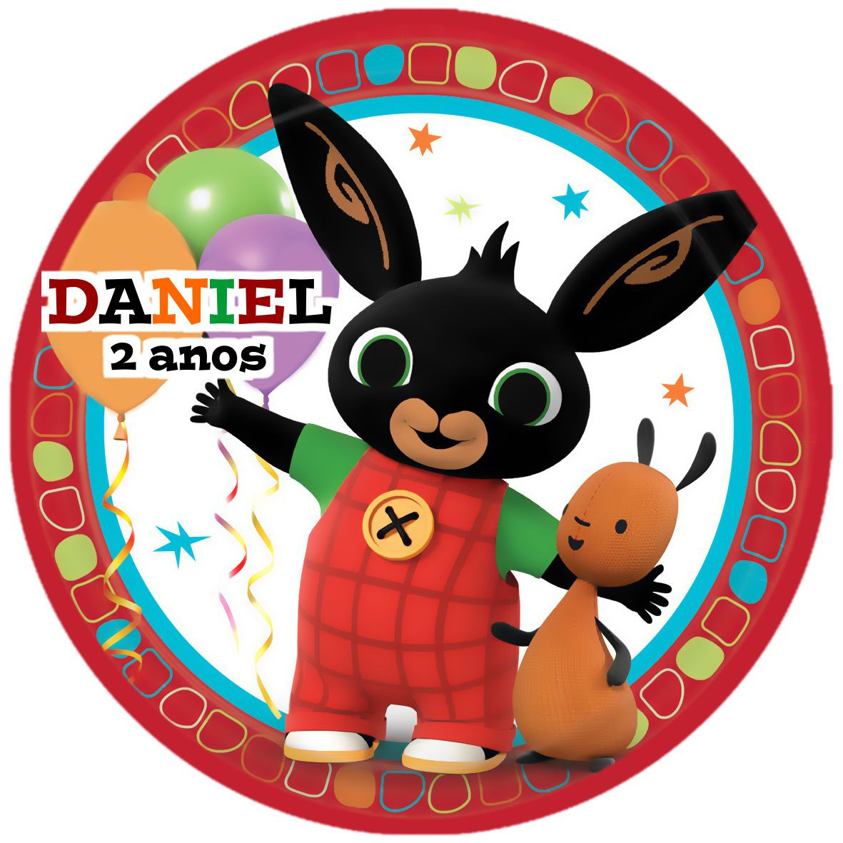 Autocolante Coelho Bing com personagens infantis, nome Daniel e idade 2 anos, fundo festivo e formato redondo.