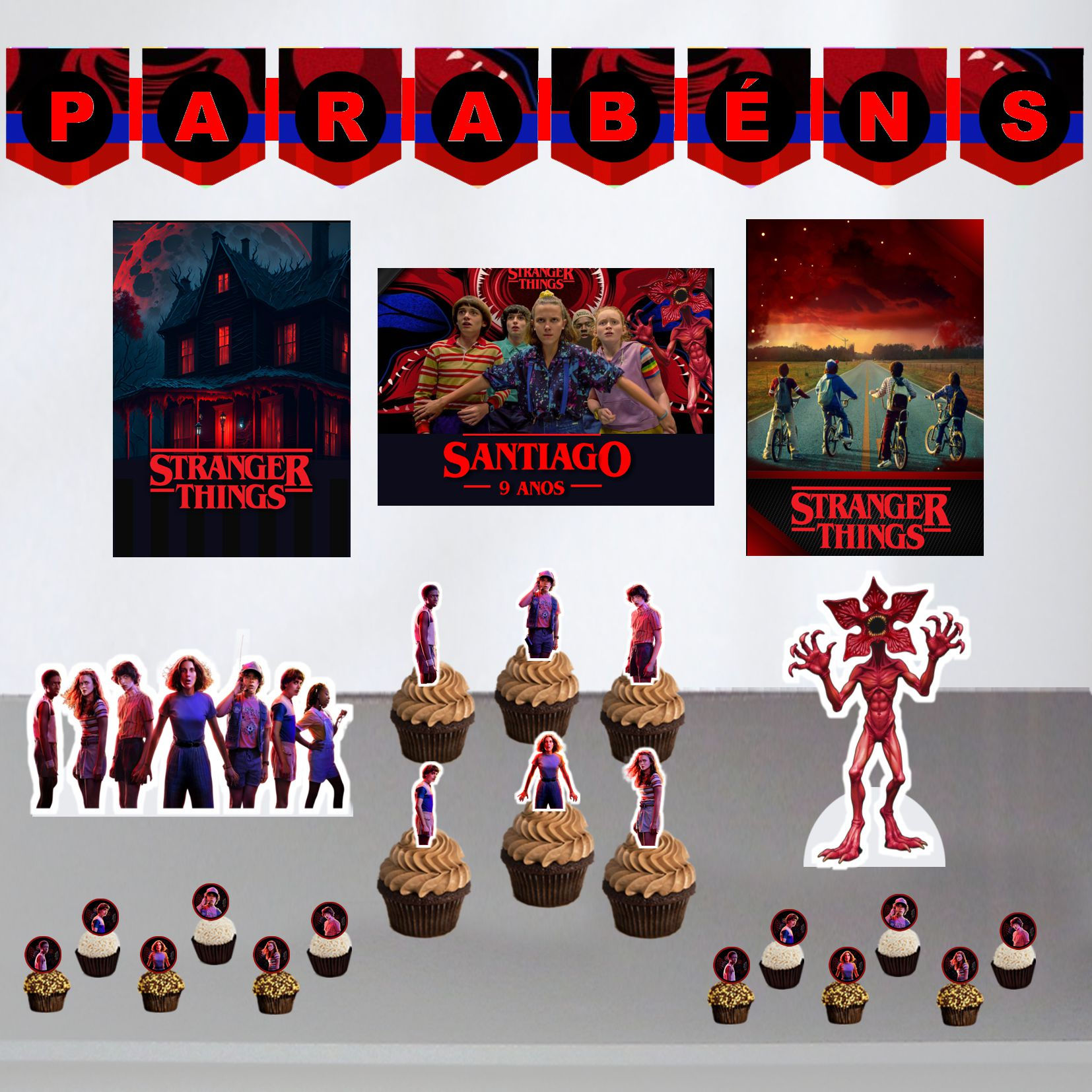 Mini kit festa Stranger Things com toppers, cartazes e decoração temática infantil personalizada