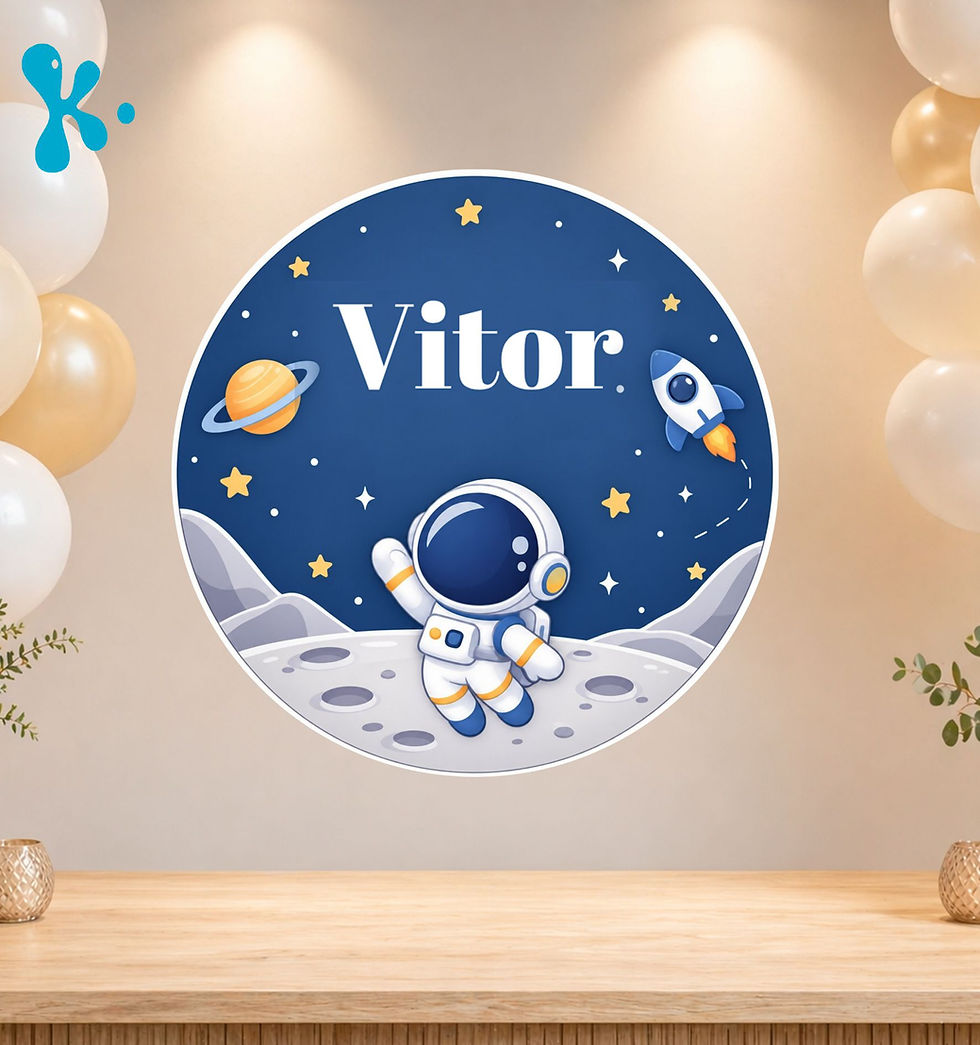 Painel redondo Espaço e Astronauta com nome personalizado, astronauta na Lua, foguetão, planeta e estrelas sobre fundo azul.