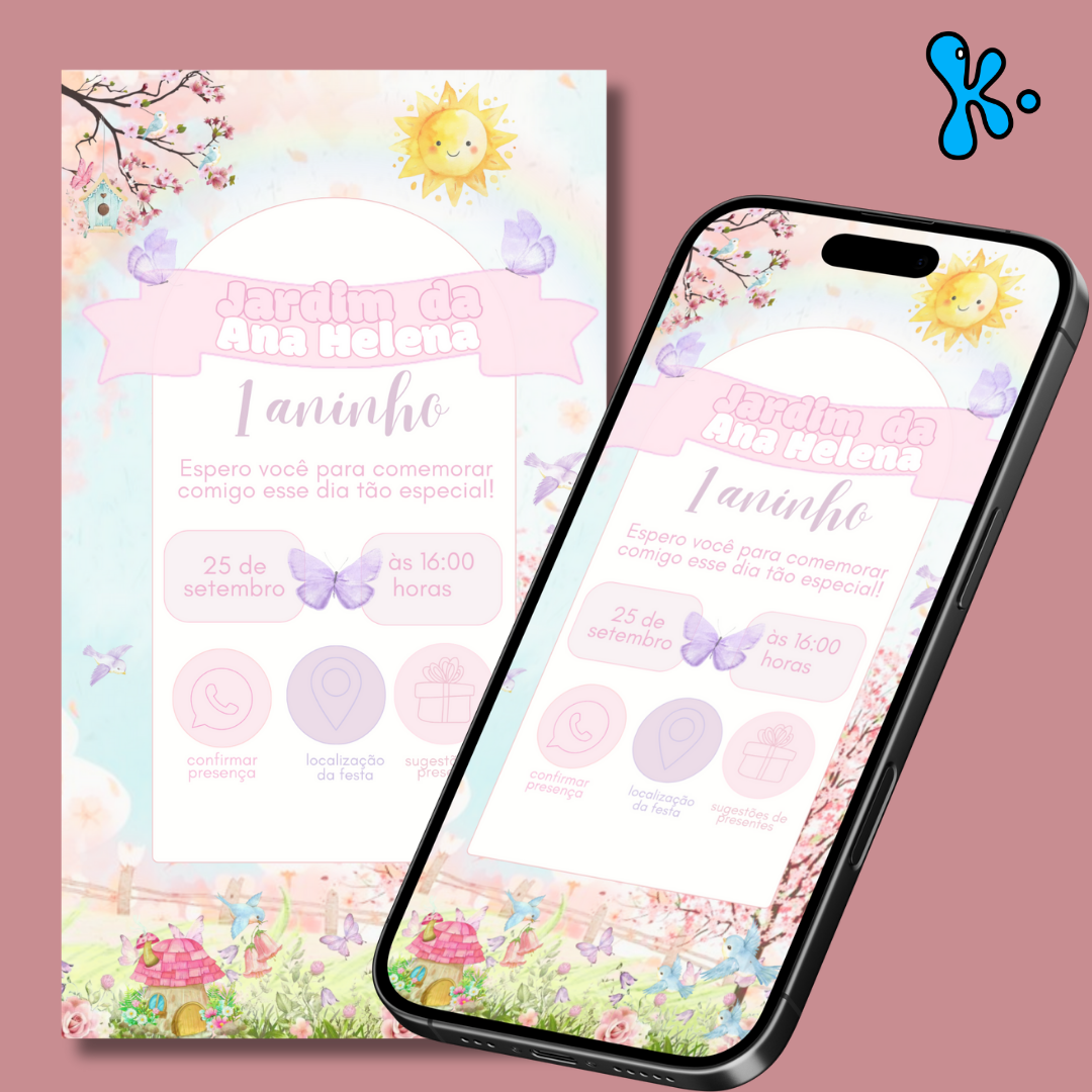 Convite digital jardim com sol, flores e borboletas em tons pastel, PDF com links clicáveis