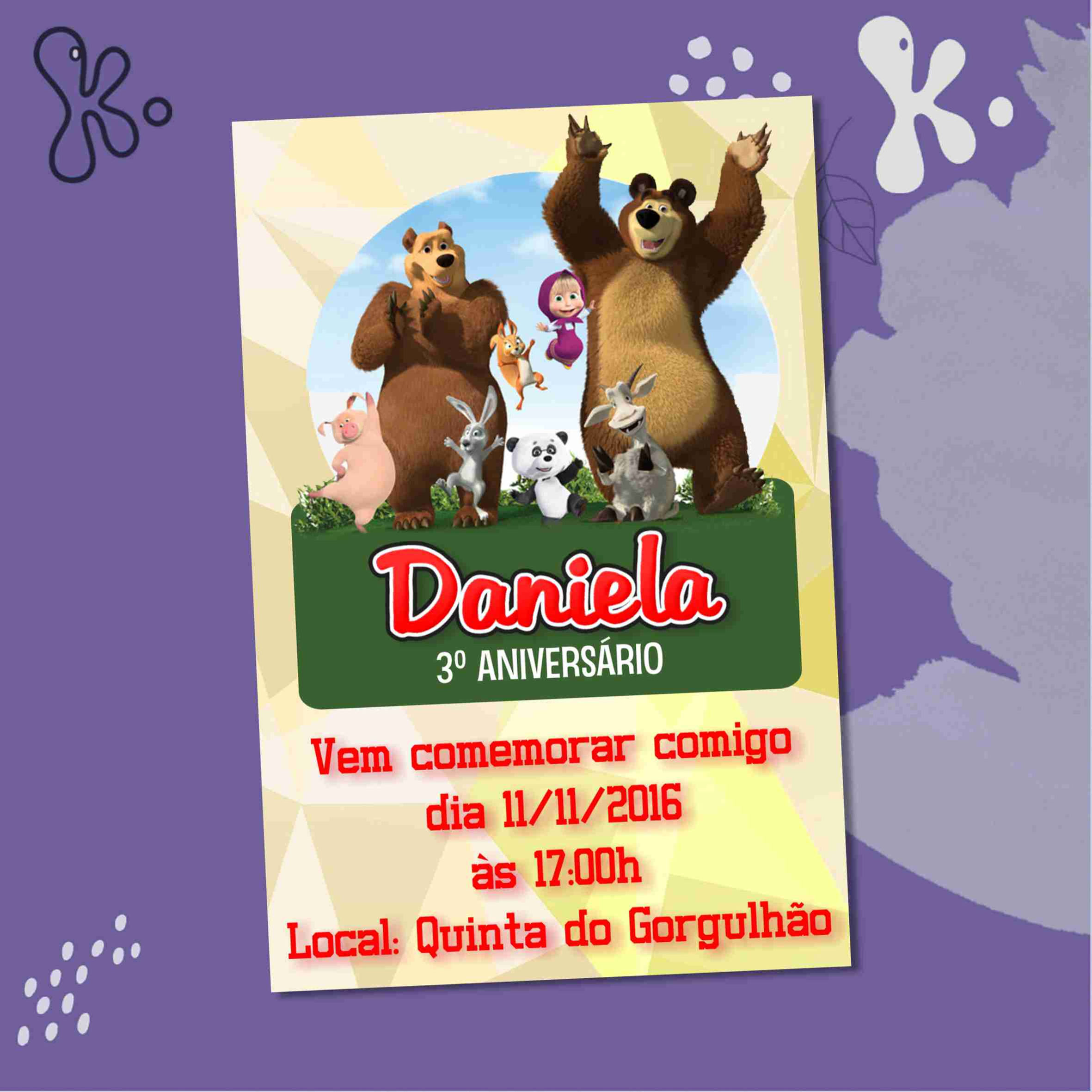 Convite Digital Masha e o Urso Personalizado – Modelo Festa Completa