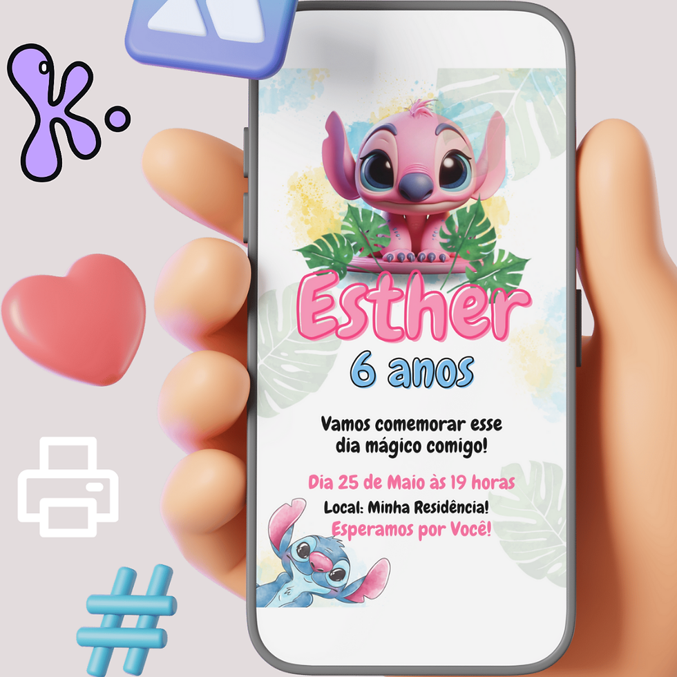 Convite Digital Stitch com design tropical personalizado com nome e idade, ideal para festas de aniversário infantis.