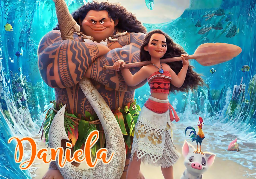 Cartaz Vaiana personalizado com nome, personagens em cenário oceânico com tons de azul e elementos tropicais.