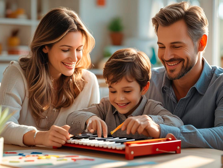 Pais a apoiar o filho enquanto ele desenha numa mesa, num ambiente familiar acolhedor, simbolizando o despertar do talento infantil com amor e encorajamento.
