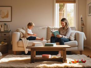 Sala aconchegante com um pai ou mãe a ler um livro de parentalidade enquanto a criança brinca no chão, com uma pilha de livros sobre infância na mesa de centro.