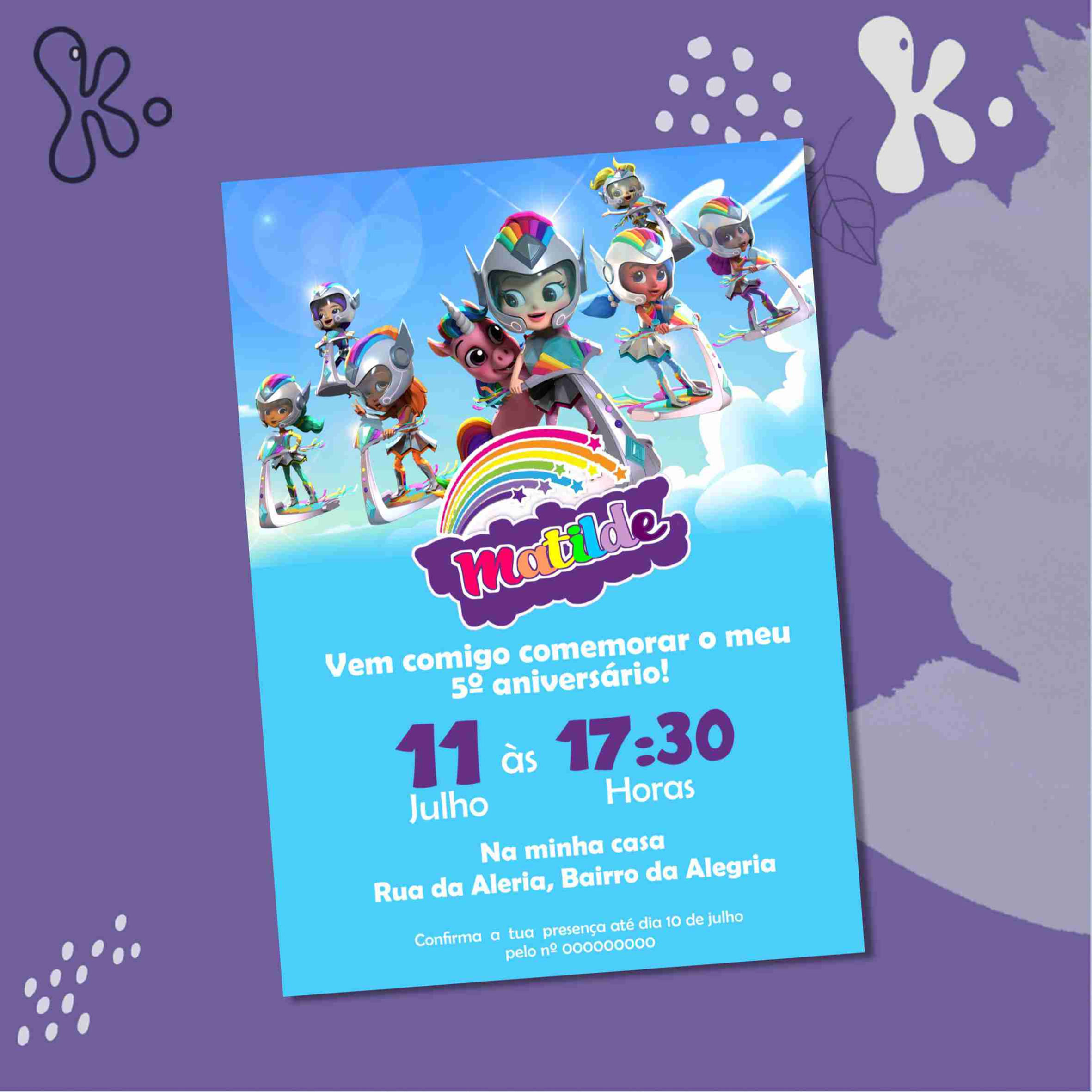 Convite Digital Guerreiras do Arco-Íris Personalizado para Festa Infantil