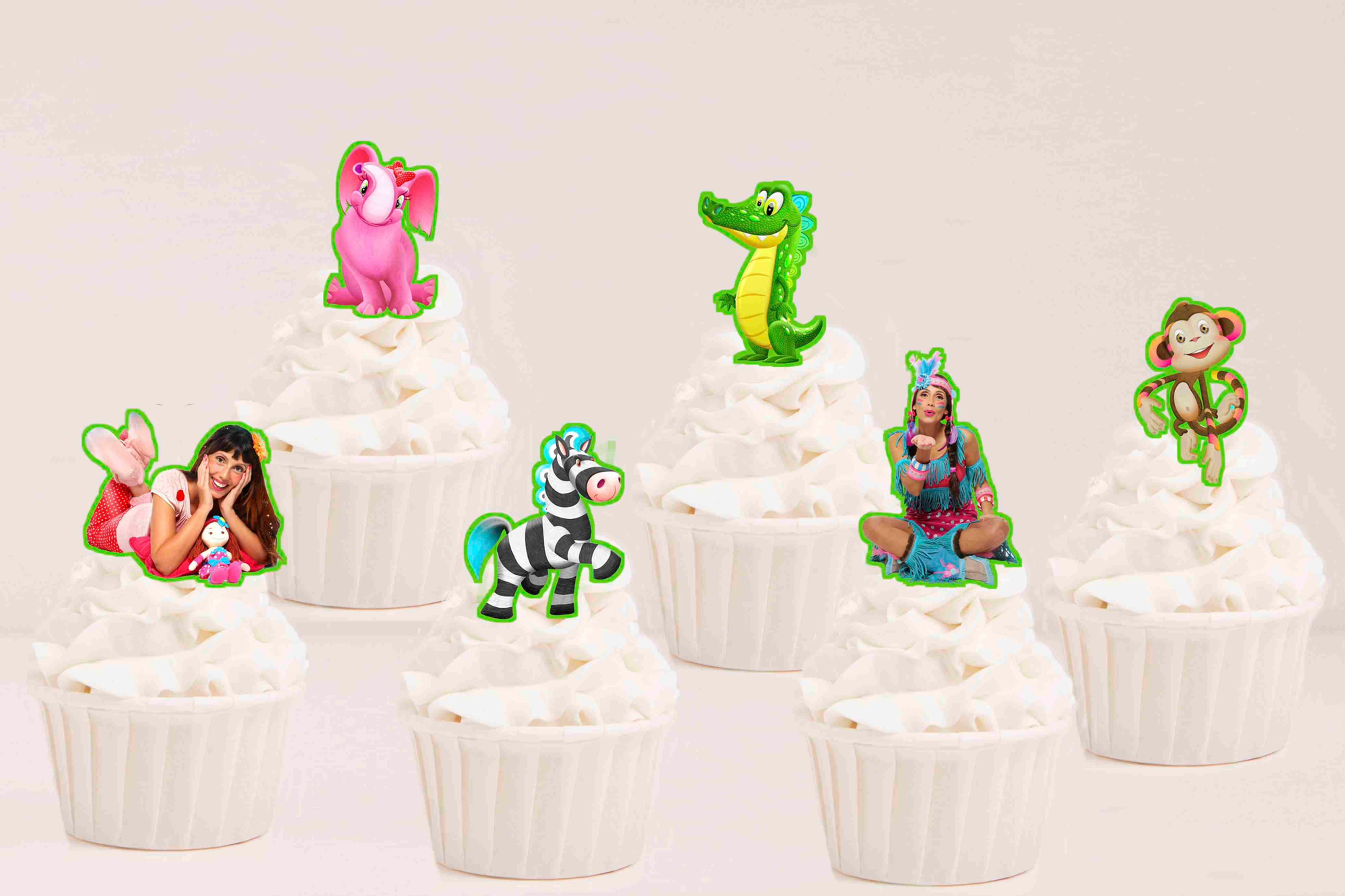 Toppers recortados Xana Toc Toc com a Xana e amigos animais em cupcakes para festa infantil.