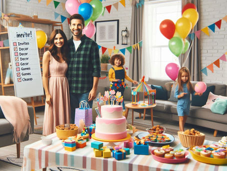 Festa de aniversário infantil alegre organizada numa sala de estar em casa, com mesa decorada com balões, bolo, lembranças e uma checklist visível com etapas como convites, decoração, brincadeiras e limpeza. Crianças a brincar e adultos sorridentes ao fundo, num ambiente familiar acolhedor.
