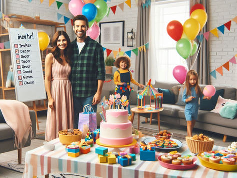 Festa de aniversário infantil alegre organizada numa sala de estar em casa, com mesa decorada com balões, bolo, lembranças e uma checklist visível com etapas como convites, decoração, brincadeiras e limpeza. Crianças a brincar e adultos sorridentes ao fundo, num ambiente familiar acolhedor.