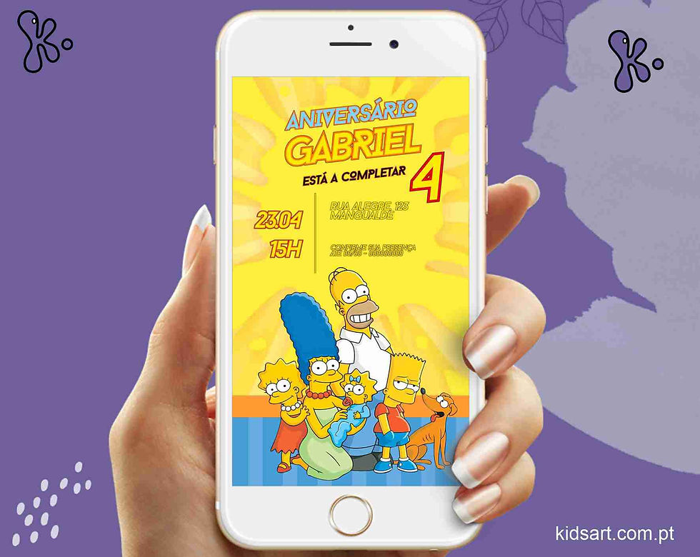 Convite Digital Simpsons com Homer, Marge, Bart, Lisa e Maggie, fundo amarelo e texto de aniversário personalizado