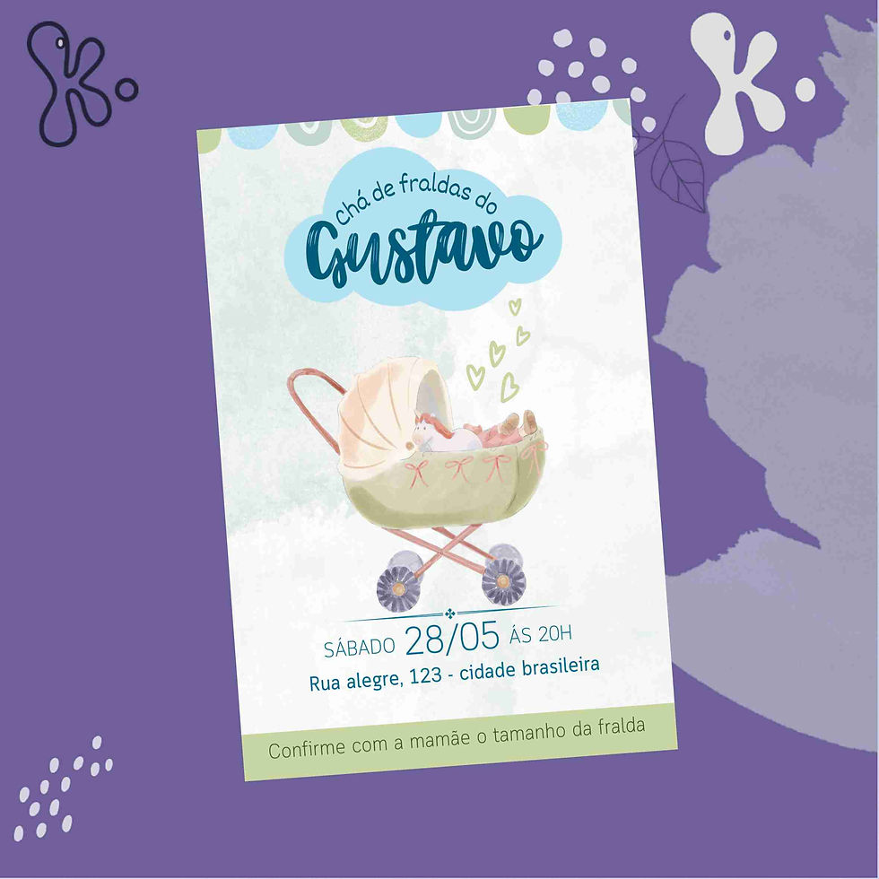 Convite Digital Chá de Fraldas – Personalizável e com Ilustração Aguarelada