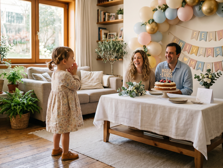 Criança surpreendida com decoração simples de aniversário em casa.