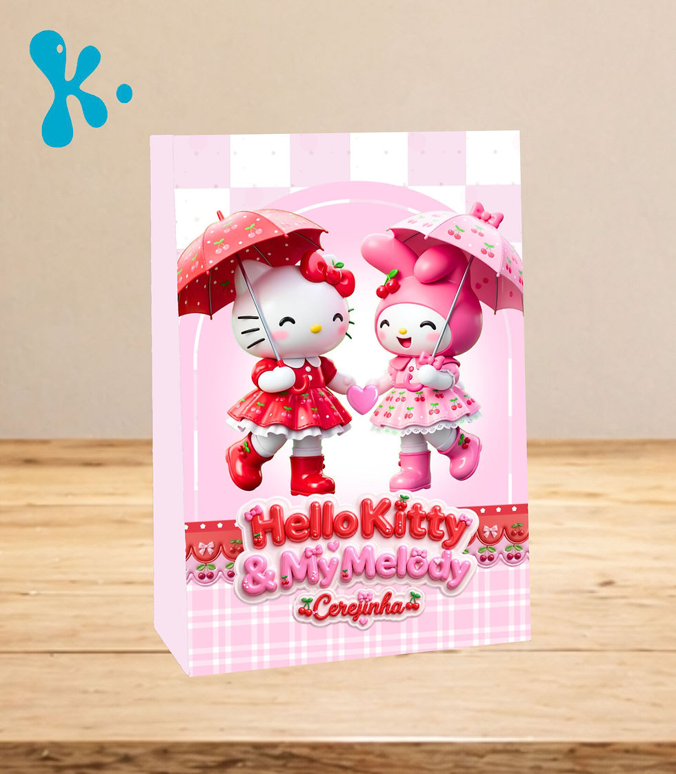 Saco lembrança personalizado Hello Kitty e My Melody Cerejinha com guarda-chuvas, cerejas e fundo axadrezado rosa.