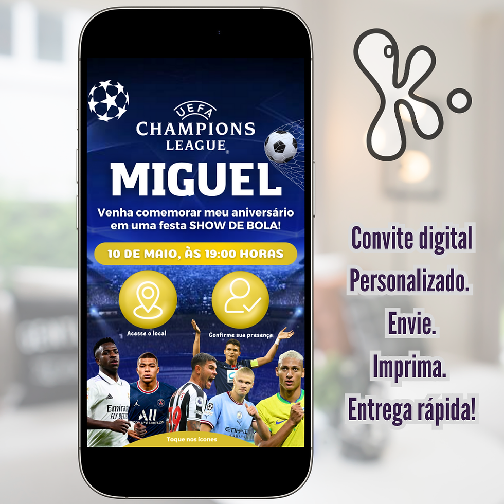 Convite digital com tema Liga dos Campeões da UEFA, com jogadores de futebol, em formato PDF com links clicáveis. Pronto
