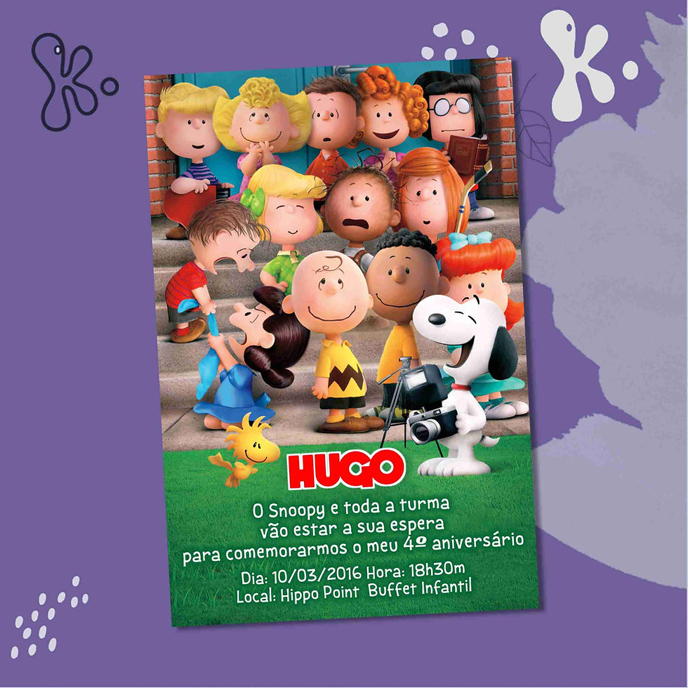 Convite Digital Snoopy personalizado com o nome Hugo e tema Peanuts. Inclui todos os personagens da turma numa escadaria