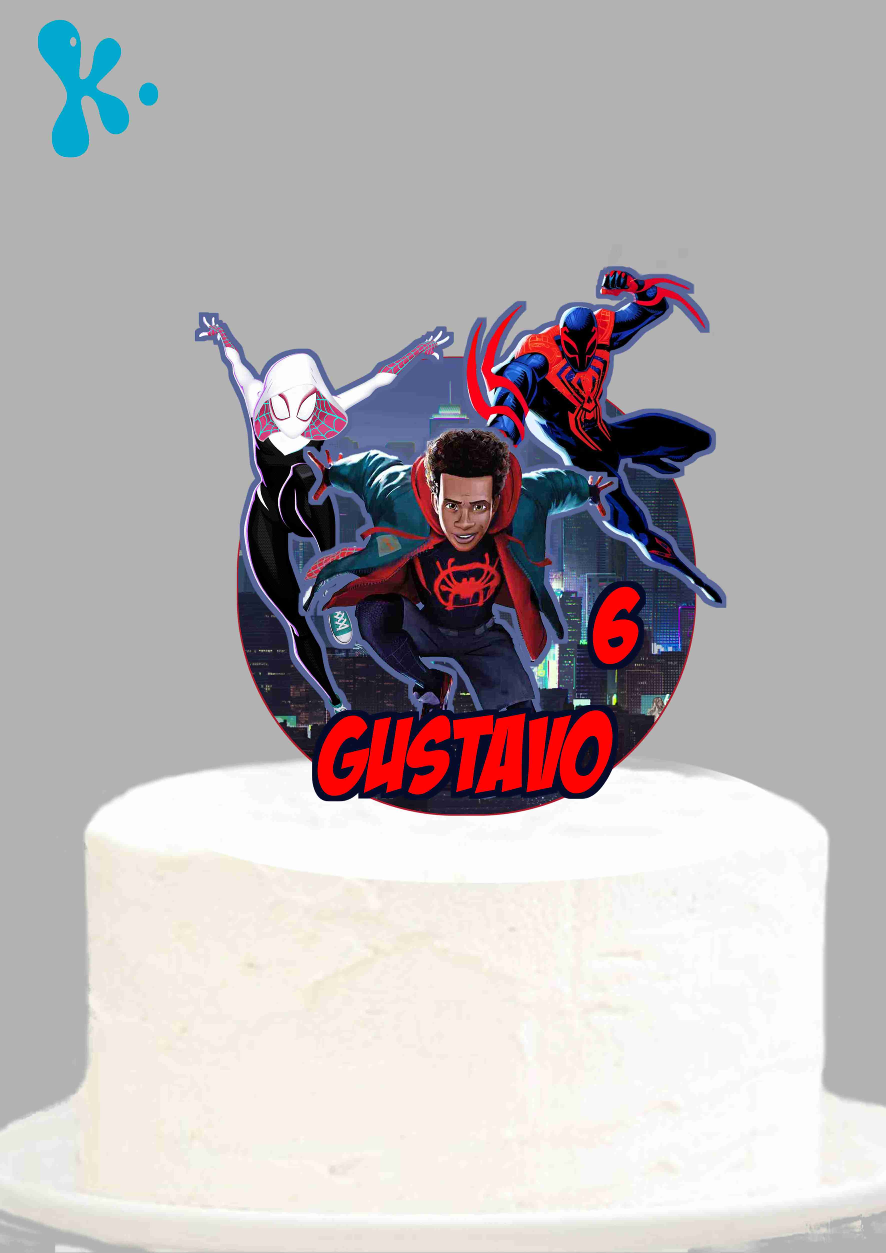 Topo de bolo personalizado Homem-Aranha no Aranhaverso com nome e idade.