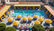 Complexo de piscinas municipais portuguesas organizando uma animada festa familiar, perspectiva aérea mostrando a festa organizada com mesas decoradas sob toldos, várias famílias reunidas ao redor da piscina, crianças nadando e brincando, adultos se misturando em áreas sombreadas, decorações coloridas para a festa