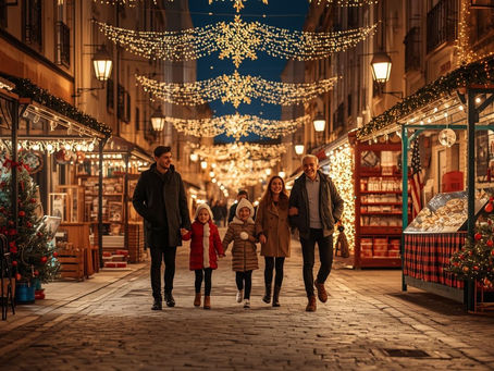 Família a passear por iluminações e mercado de Natal em Portugal.