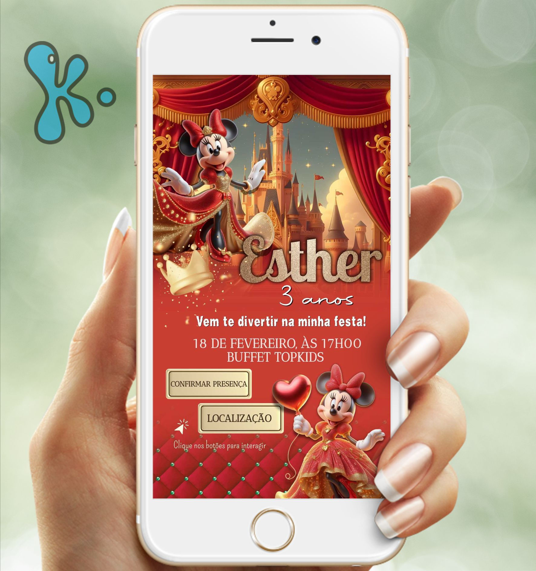 Convite digital Minnie Vermelha com tema realeza para festa infantil, interativo e personalizável