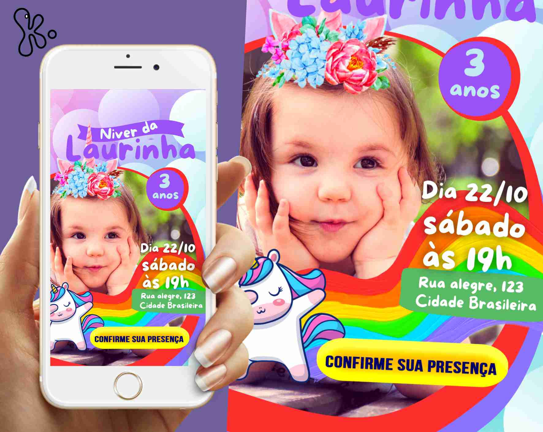 Convite digital de aniversário tema unicórnio com foto da criança, links clicáveis e personalização