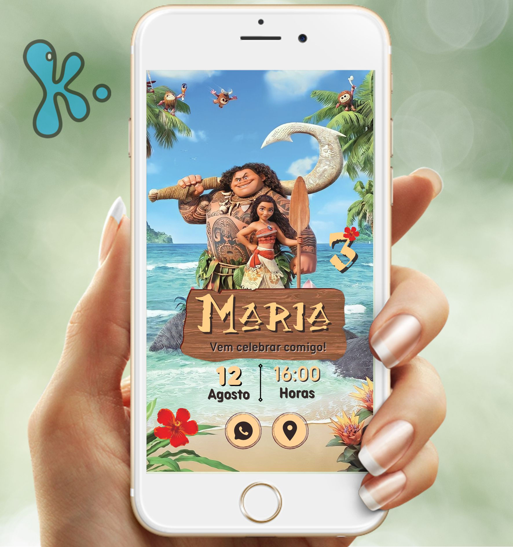 Convite Interativo Vaiana com cenário tropical, PDF com links e texto personalizável