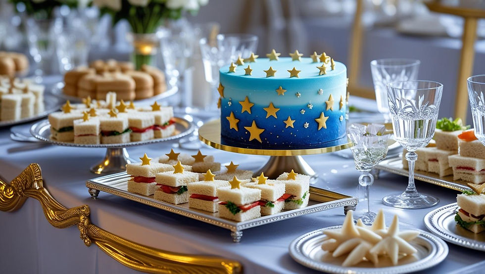 Elegante exposição de comidas para festa de batismo com tema celestial, sanduíches e canapés em formato de estrela, bolo azul degradê com decoração de estrelas douradas