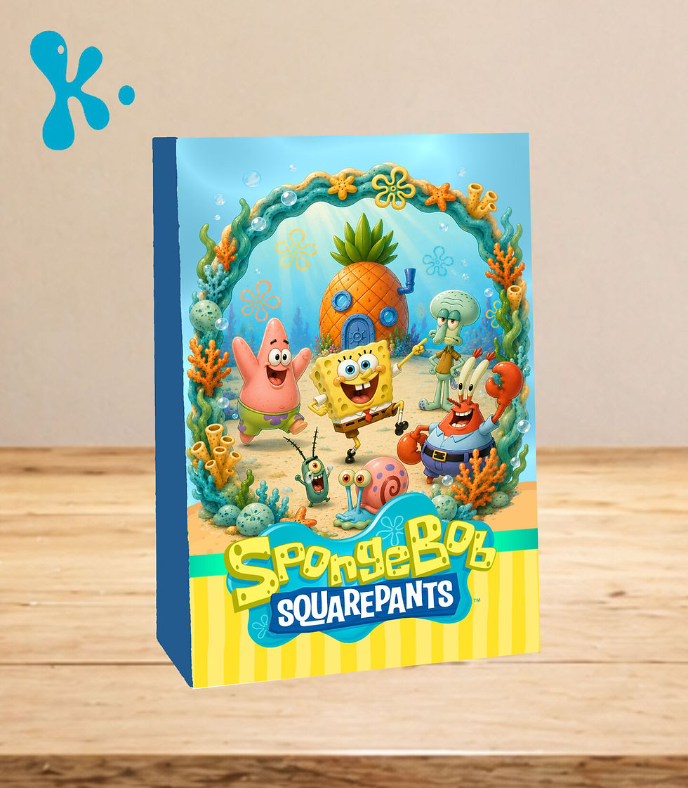 Saco lembrança personalizado SpongeBob com Patrick, Lula Molusco, Sr. Siriguejo e cenário submarino colorido.