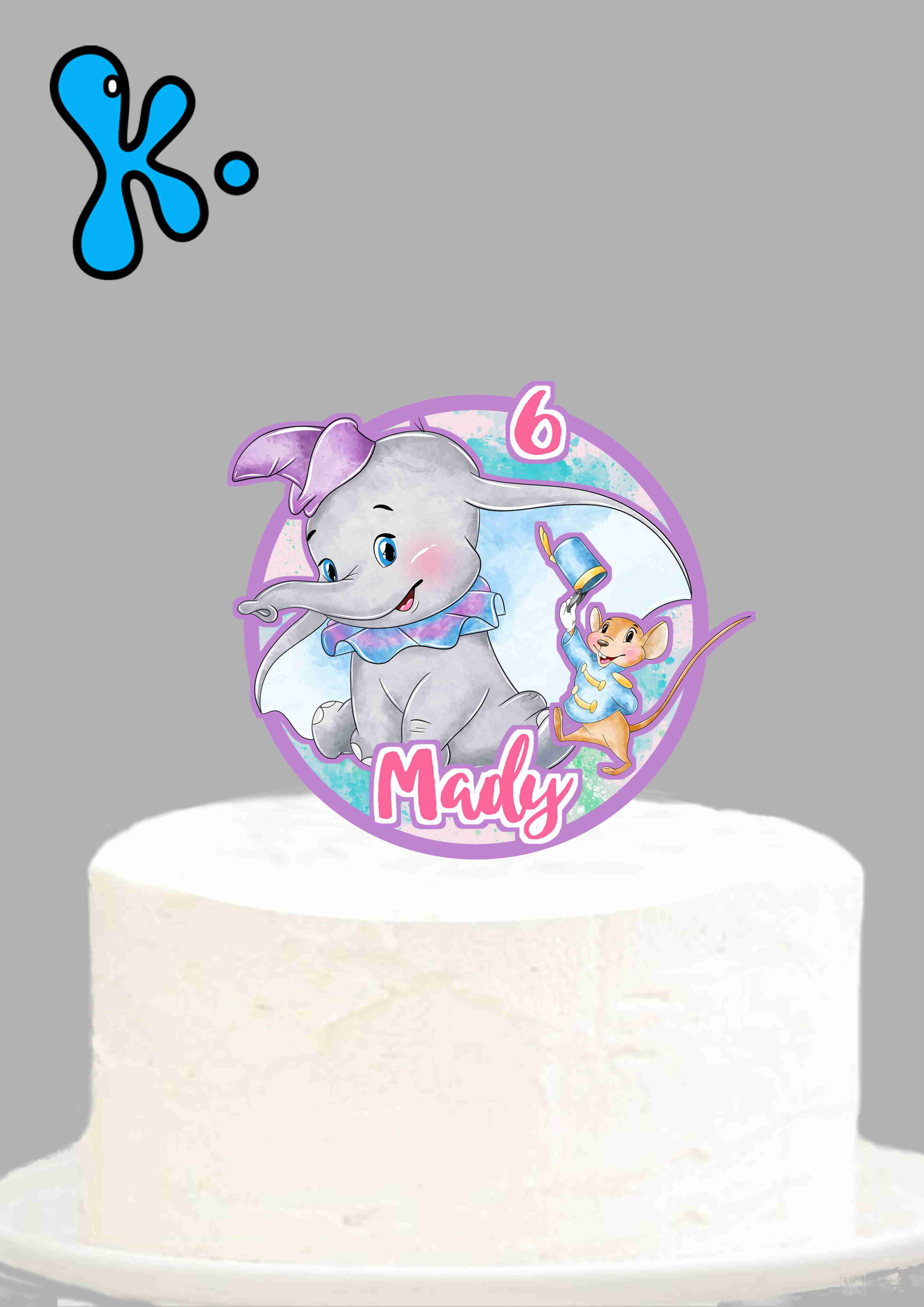 Topo de bolo com Dumbo e ratinho mágico, nome e idade – tema circo infantil