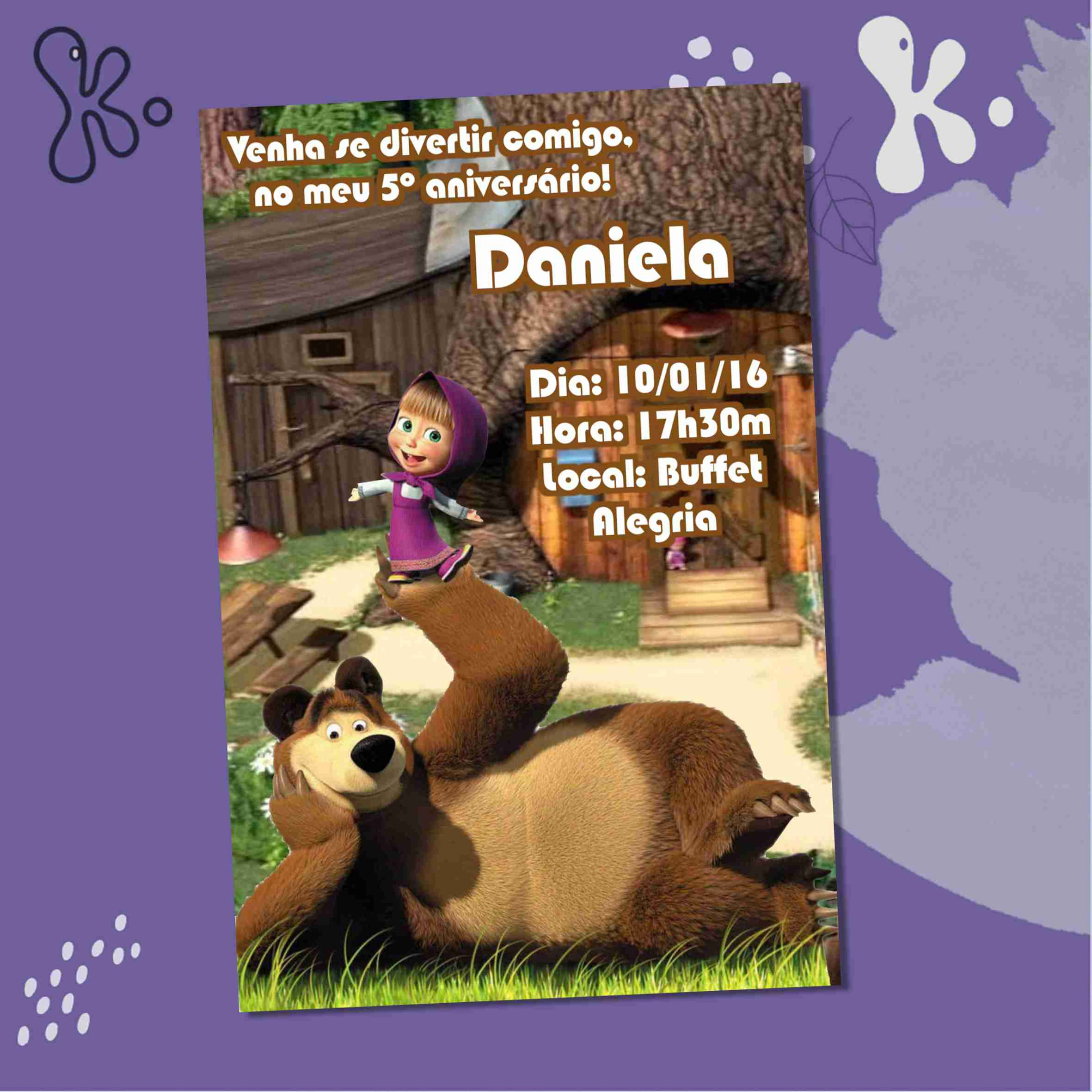 Convite Digital Masha e o Urso Personalizado – Modelo Cabana Divertida