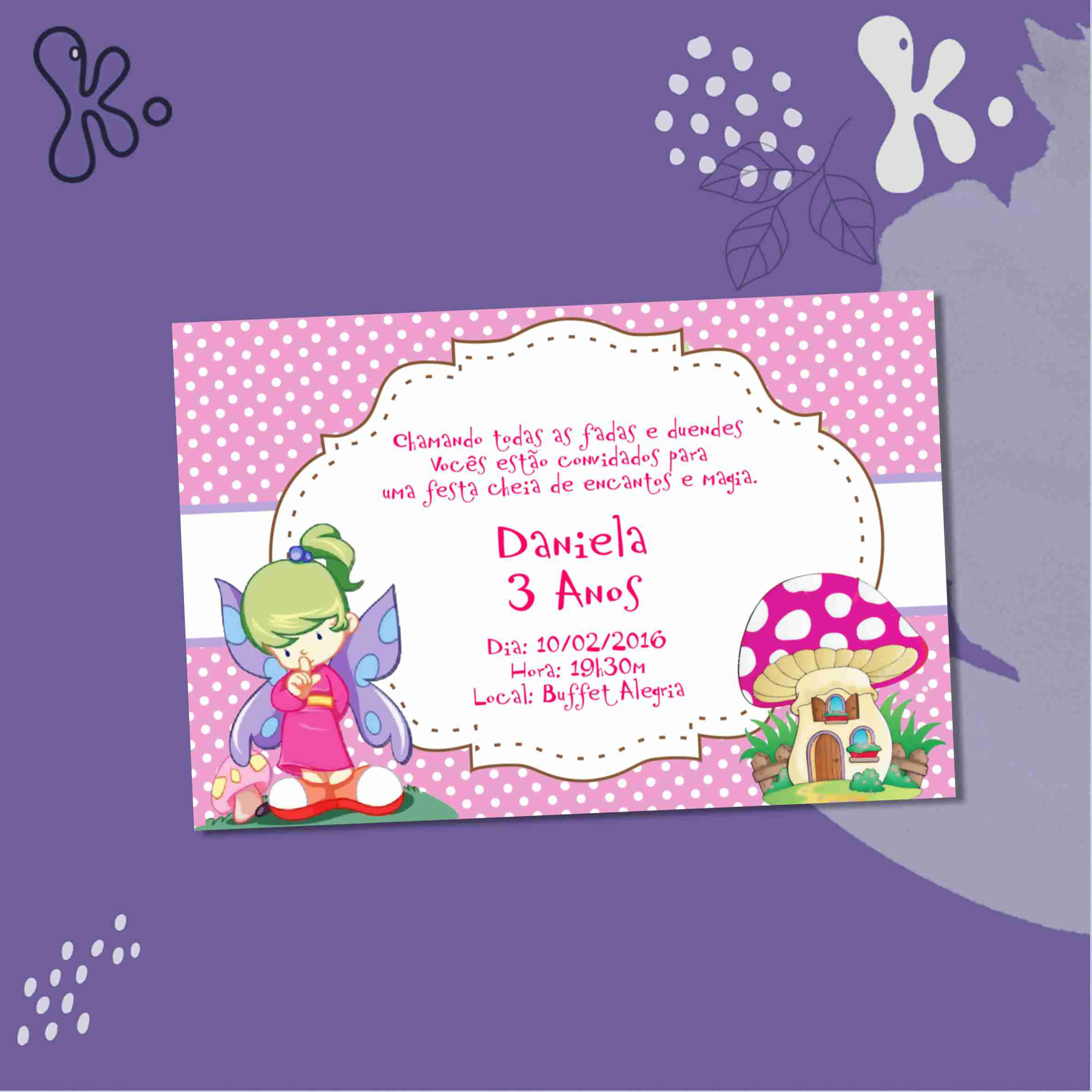 Convite Digital Fadas Personalizado para Festa de Aniversário