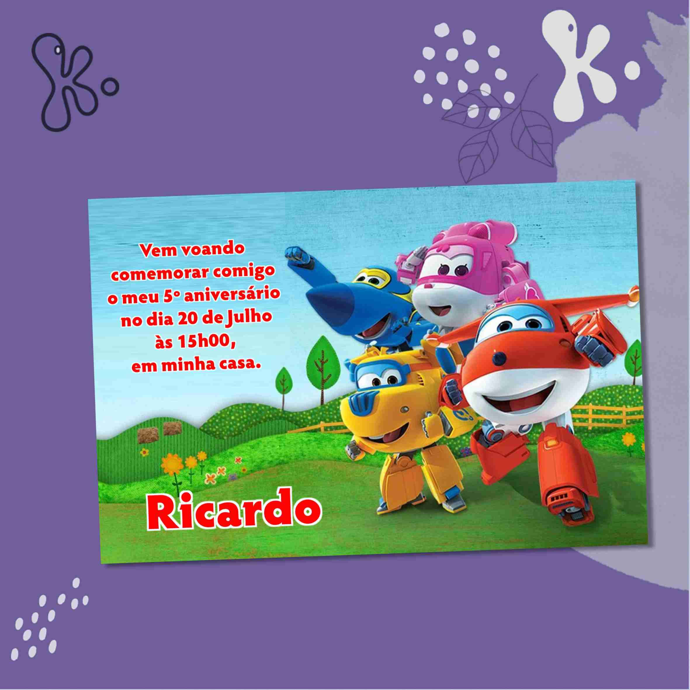 Convite digital Super Wings com personagens a voar sobre cenário verde, nome Ricardo e texto de aniversário personalizado.