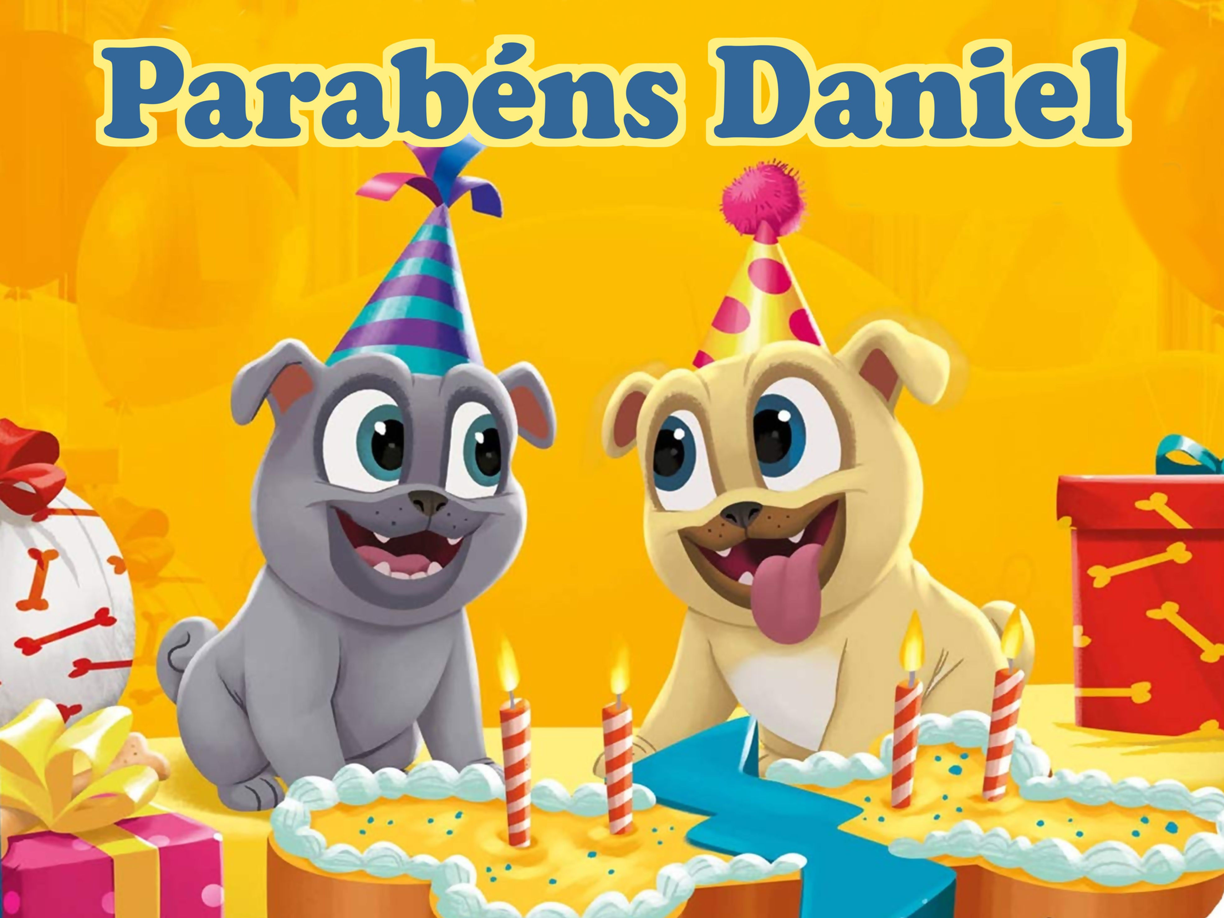 Cartaz infantil Bingo e Rolly com cachorrinhos em festa, bolo de aniversário e mensagem de parabéns