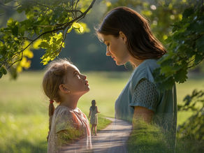 Ilustração que mostra a percepção de uma criança sobre os pais, desde a infância até à vida adulta, com diferentes expressões e idades.